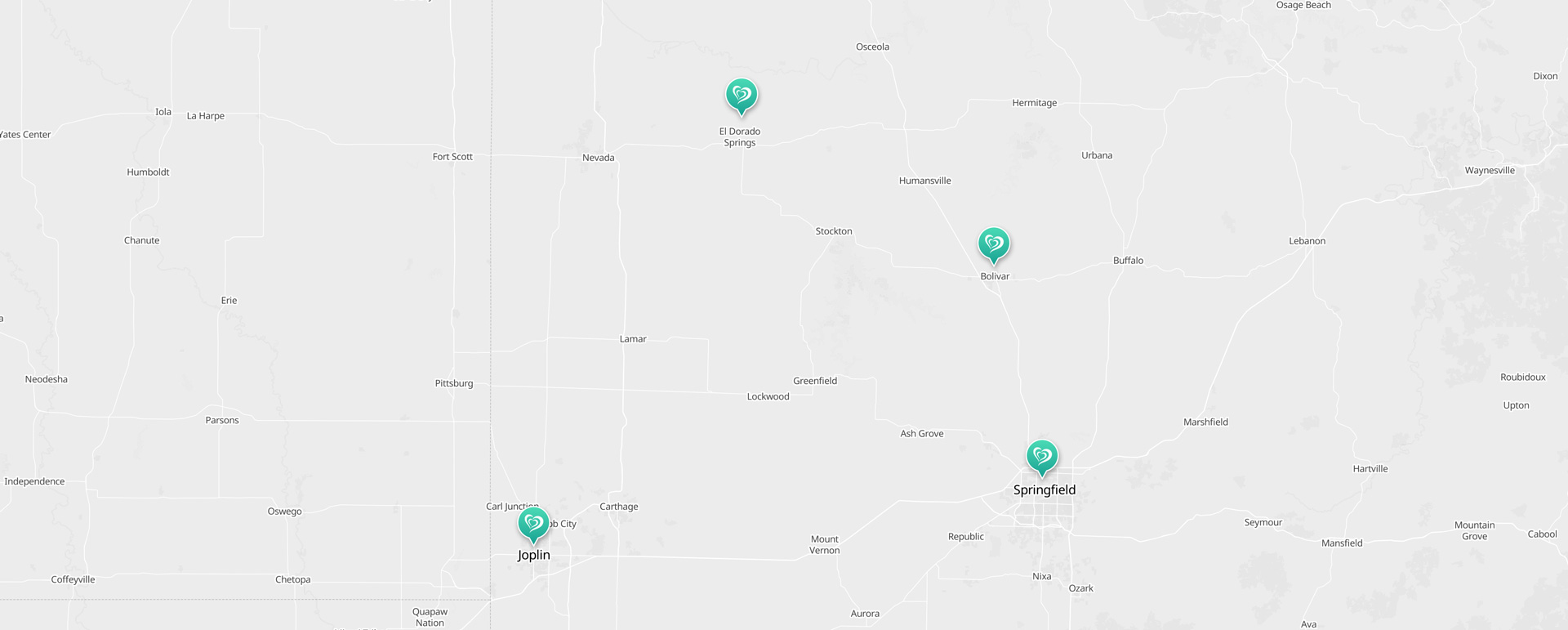 Map showing location pins for Bolivar, El Dorado, Springfield. and Joplin